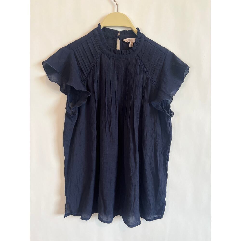 Nanette Lepore Ruffle Trim Blouse Pintuck Cap Sleeve Navy Size Small